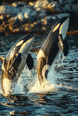 Killer whales jumping out of the water while hunting