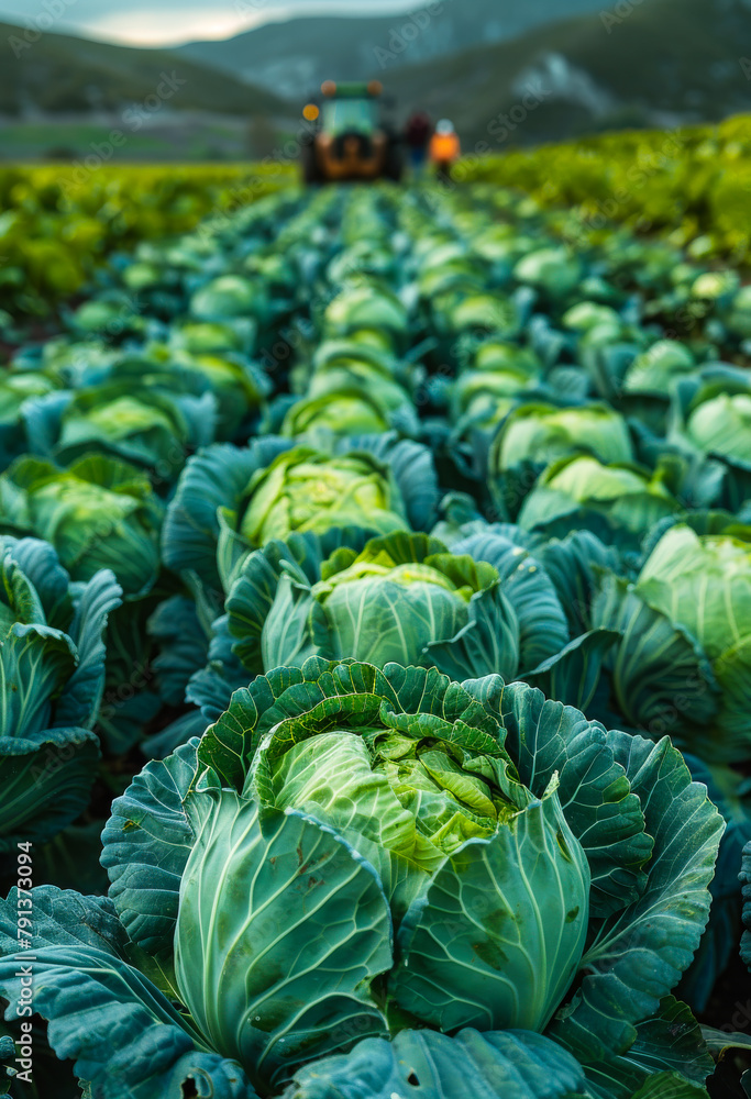 Poster cabbage field with tractor. a tractor with an open trailer is driving through the field of green cab