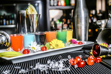 Colorful Drinks Tray on Bar Counter