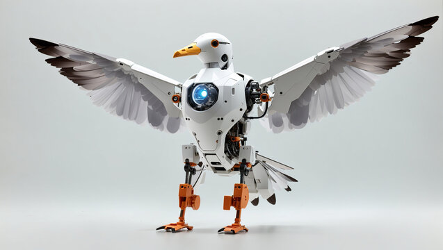 The image shows a steampunk style seagull with white and silver wings and an orange beak standing on a white surface against a pale grey background.

