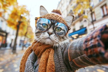 A cat in autumn clothes and glasses takes a selfie in Paris