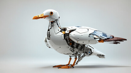 The image shows a steampunk style seagull with white and silver wings and an orange beak standing on a white surface against a pale grey background.


