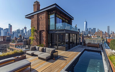Modern home. Rooftop deck with pool and city skyline