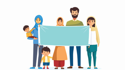Family holding banner with refugee teks. World refuge