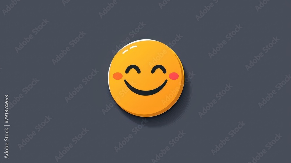 Poster a cheerful smiling emoji in a sleek flat style set against a dark gray backdrop this 2d illustration