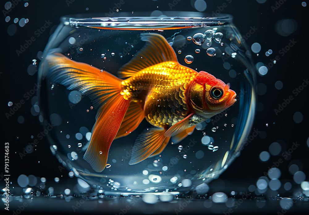 Wall mural goldfish in bowl with bubbles. the fish in the bowl is swimming