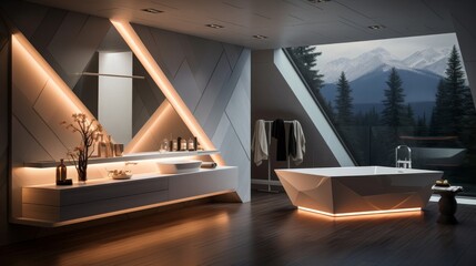 Fototapeta premium Bathroom with a large window and a view of the mountains