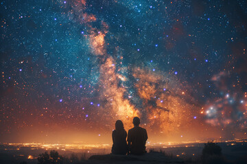 Gazing at the stars together, marveling at the vastness of the universe and the depth of their love. Concept of cosmic connection and eternal romance. Generative Ai.
