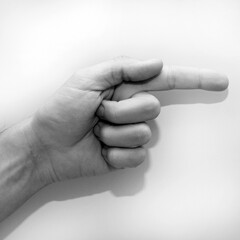 Letter G in American Sign Language (ASL) for deaf people, black and white photo of a hand