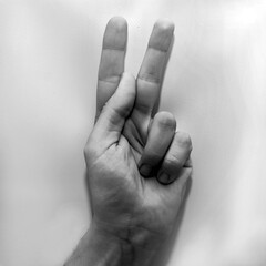 Letter K in American Sign Language (ASL) for deaf people, black and white photo of a hand
