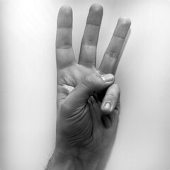 Letter W in American Sign Language (ASL) for deaf people, black and white photo of a hand