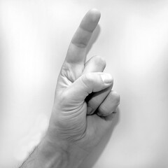 Letter Z in American Sign Language (ASL) for deaf people, black and white photo of a hand