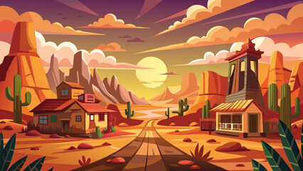 Western town under orange skies, Desert sunset vector cartoon illustration.