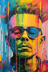 The comic colourful picture of the short hair male adult human head and has been wearing sunglasses with straight face yet picture fill with various colour that make picture fill with emotion. AIGX01.