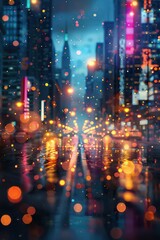 Neon Cityscape, Blurred lights of a bustling city at night, creating a bokeh effect with pops of color