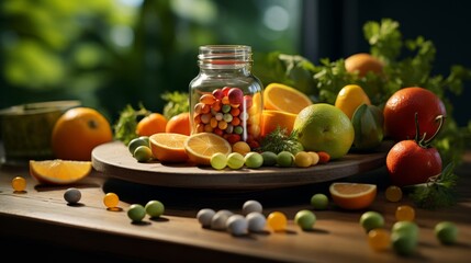 Naklejka premium An assortment of fruits and vegetables with a jar of vitamins on a wooden table.