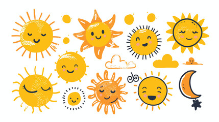 Flat cute suns collection hand drawn doodle illustration