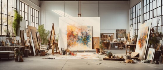 An artist's studio with a large painting on an easel in the center. There are several other paintings on the walls and easels around the studio. The floor is covered in paint and there are paintbrushe