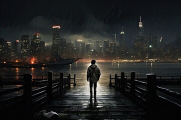 Fototapeta na wymiar A man standing on a pier under the rain. Generative AI
