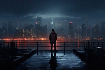 A man standing on a pier under the rain. Generative AI - Powered by Adobe