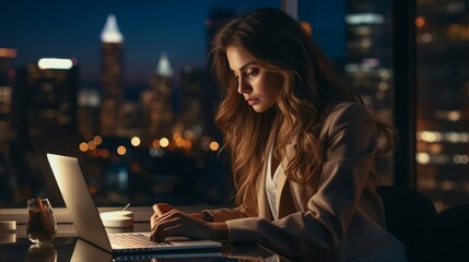 Naklejka premium A young woman in a suit is sitting at her desk in a high-rise office building, looking at her laptop. The city lights are visible outside the window.