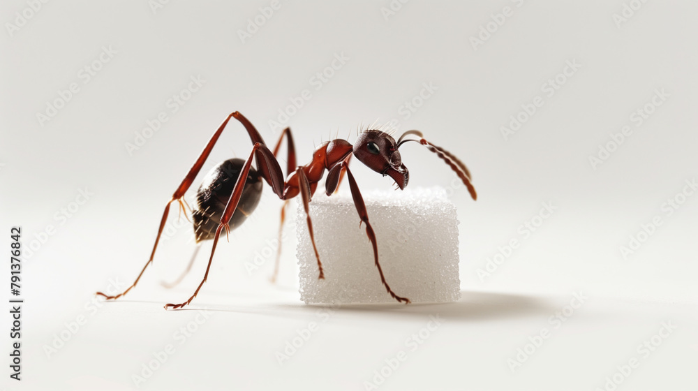 Poster a small red ant is standing on a piece of white styrofoam. the ant appears to be looking down at the