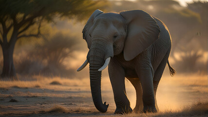 Fototapeta na wymiar African elephant (Loxodonta africana) walks swinging trunk in sunshine in Chobe National Park; Botswana