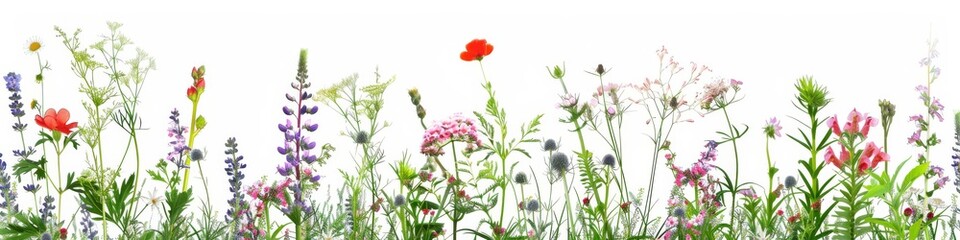 Fototapeta premium A vibrant selection of various pressed wild meadow flowers isolated on a white background, displaying a range of colors and details.
