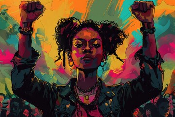 illustration of a black woman in front of a crowd with her fists raised and fighting for her rights, in the style of a vintage poster design