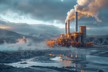 A geothermal power plant harnessing the Earth's heat to produce electricity. Concept of geothermal energy utilization. Generative Ai. - obrazy, fototapety, plakaty