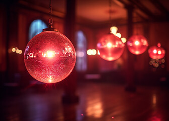 Fototapeta premium Disco balls in night club. A disco balls hang from the ceiling of a party