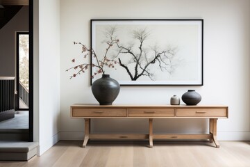A wooden console table with a vase of flowers in front of a black and white painting of a tree.