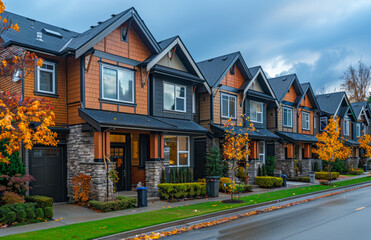 Row of new townhouses in residential neighborhood in the autumn season.