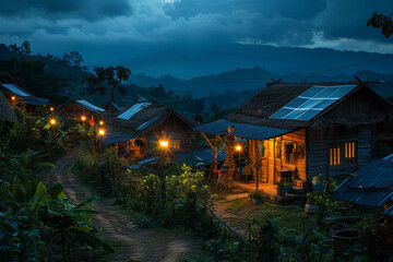 A remote village illuminated by the soft glow of solar-powered streetlights. Concept of off-grid...