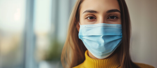 Young woman with a protective blue face mask looks pensively out the window, her eyes conveying emotion.