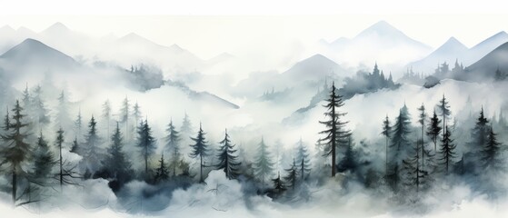 A watercolor painting of a mountain landscape with pine trees in the foreground and fog in the background. - obrazy, fototapety, plakaty