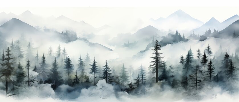 A watercolor painting of a mountain landscape with pine trees in the foreground and fog in the background.
