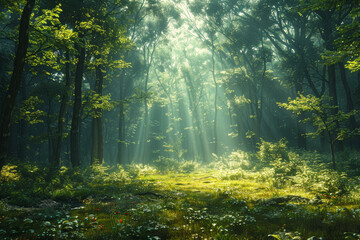 Obraz premium A forest teeming with life, preserved and protected thanks to the reduced reliance on fossil fuels. Concept of environmental conservation through renewable energy. Generative Ai.