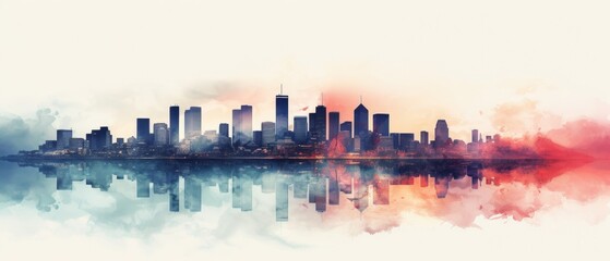 A watercolor painting of a cityscape with a blue and red gradient background.