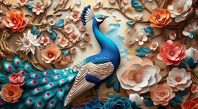 Elegant leather base combines bright color floral with exotic oriental pattern flowers and peacocks illustration background. 3d abstraction wallpaper for interior mural wall art, Generative AI