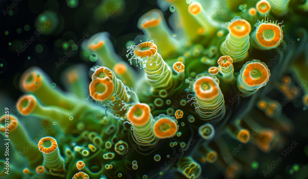 Poster scanning electron microscope image of bacteria with a green background