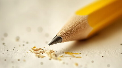 Yellow pencil with graphite tip, shavings scattered around, symbolizing the process of writing or drawing.