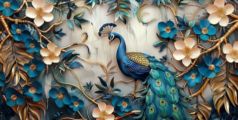 3d modern interior mural painting wall art decor abstraction wallpaper with blue, dark green and golden tropical leaf branches and flowers with feathers peacock, Generative AI