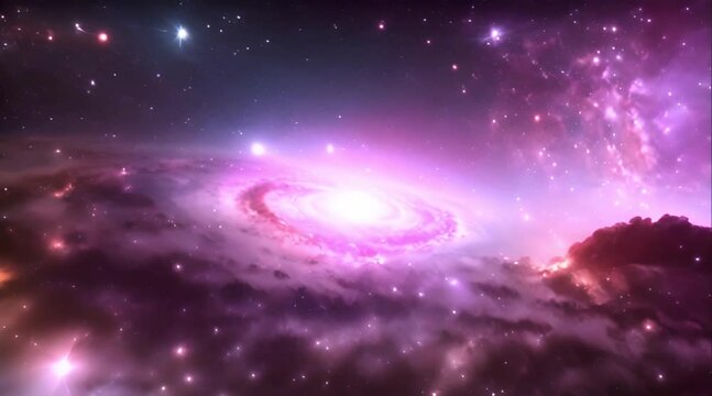 Seamless loop galaxy exploration through outer space towards glowing milky way galaxy. 4K looping animation of flying through glowing nebulae, clouds and stars field.