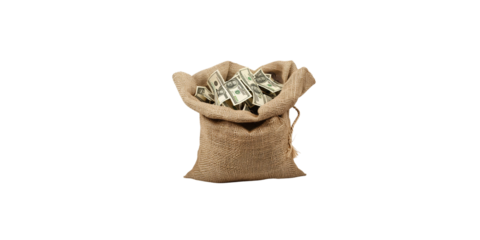 A burlap bag full of dollar bills, isolated on a white background