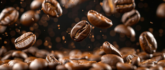 Fototapeta premium coffee beans scattered across a black background