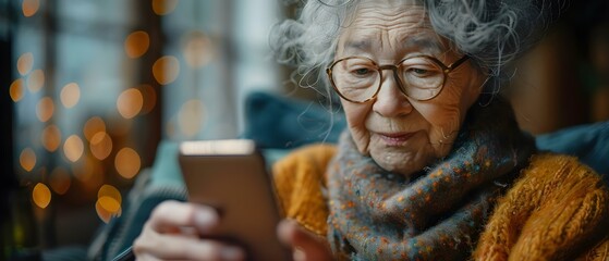 Elderly woman happily using smartphone app at home for socializing and hobbies. Concept Elderly, Smartphone, Socializing, Hobbies, Home - obrazy, fototapety, plakaty
