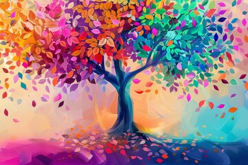 Colorful Tree Image ,Elegant colorful tree with vibrant leaves hanging branches illustration. Bright color 3d abstraction wallpaper for interior mural painting art decor, Generative AI
