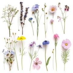 Obraz na płótnie Canvas A vibrant selection of various pressed wild meadow flowers isolated on a white background, displaying a range of colors and details.