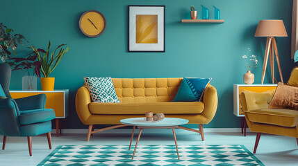 living room with a yellow couch, a white coffee table, and a blue rug